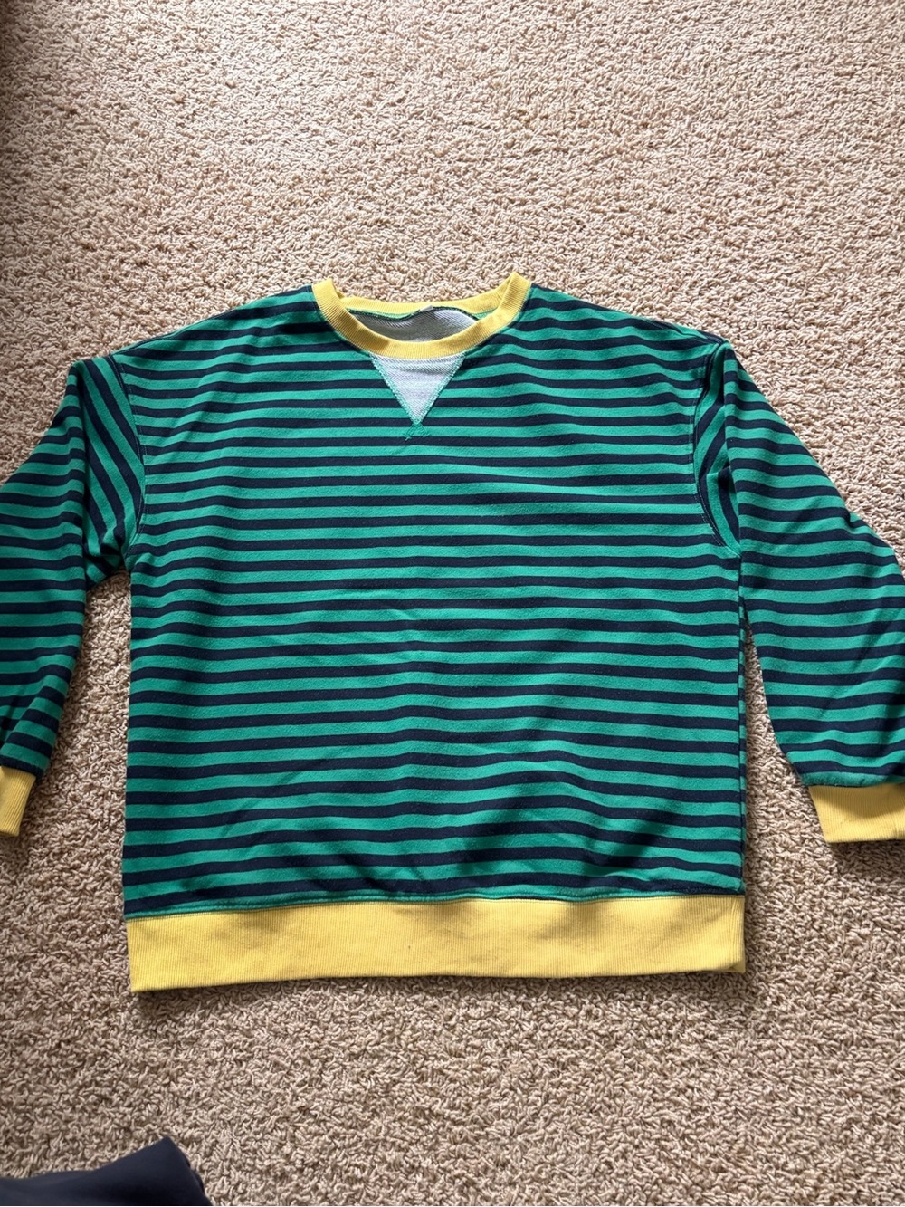 Men's Green and Black Striped Crewneck Sweater with Yellow Trim